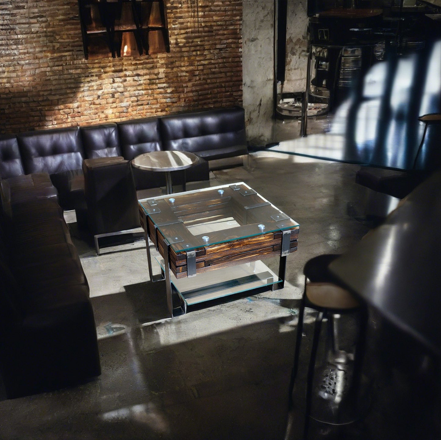 CHYRKA® Konferenční stolek LL stolek do obývacího pokoje LEMBERG Loft Vintage Bar Průmyslový design Ručně vyráběné dřevo sklo kov