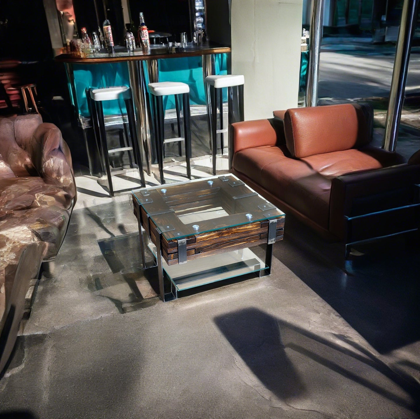CHYRKA® Konferenční stolek LL stolek do obývacího pokoje LEMBERG Loft Vintage Bar Průmyslový design Ručně vyráběné dřevo sklo kov