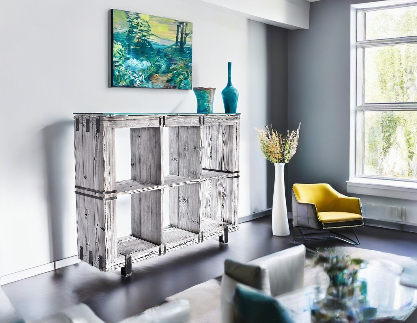 CHYRKA® Commode BORYSLAW (120-180 x 130 cm) meuble buffet bois massif meuble TV loft vintage bar design industriel fait main bois verre métal