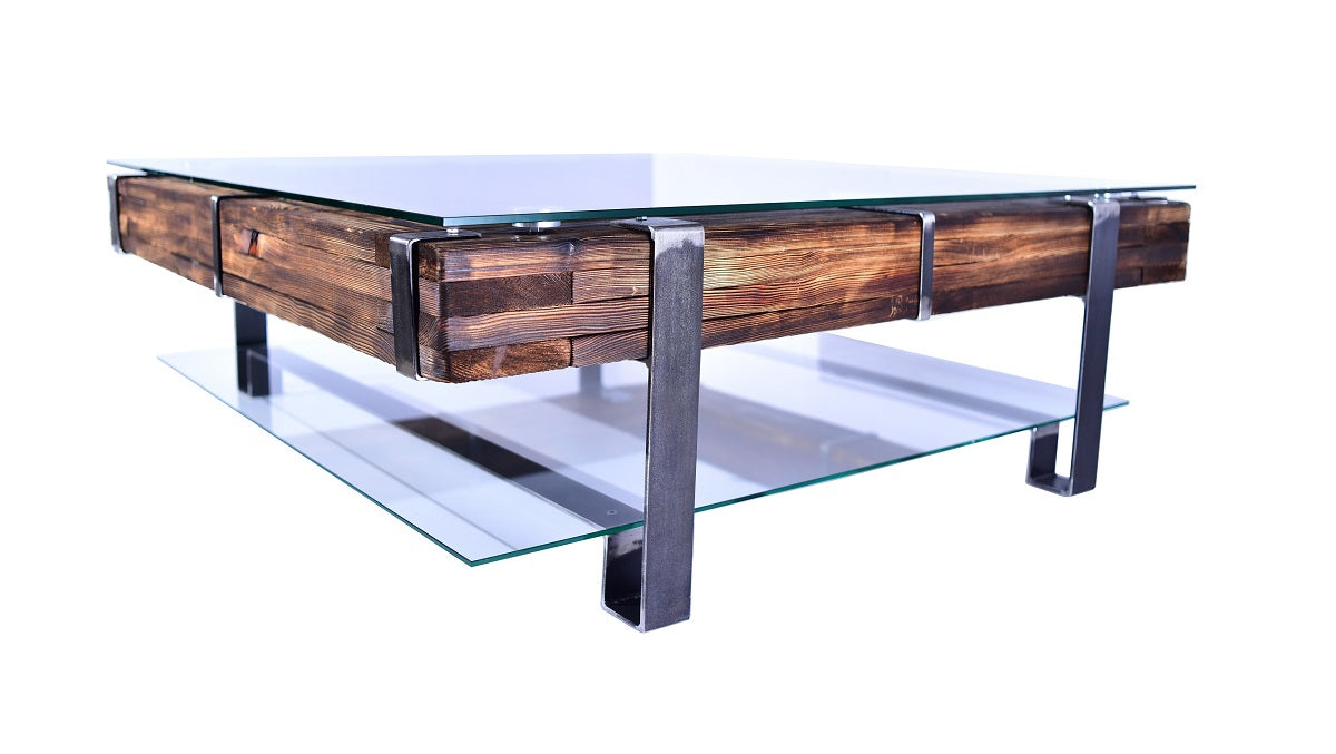 CHYRKA® Mesa de centro LL mesa de salón LEMBERG Loft Vintage Bar Diseño Industrial Hecho a mano madera vidrio metal