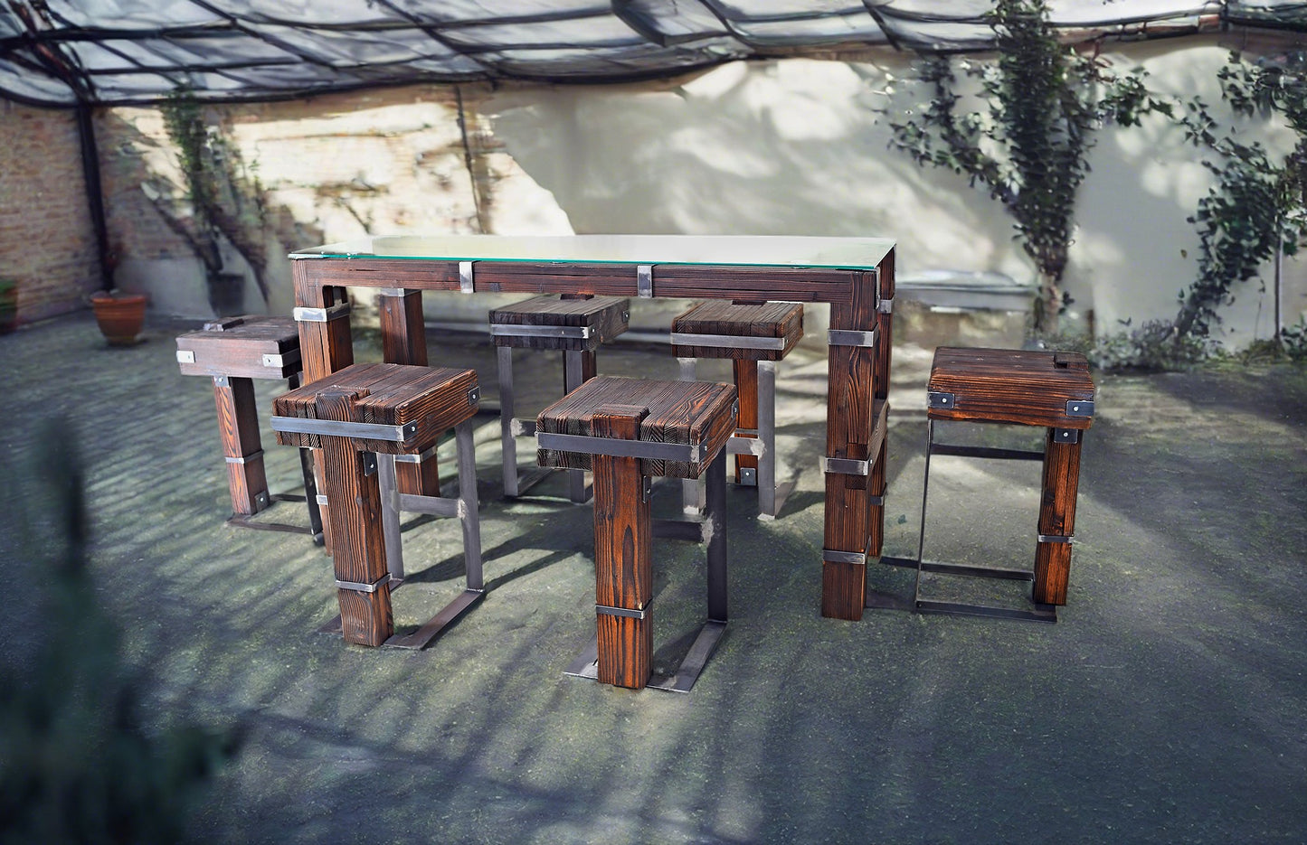 CHYRKA® Table à manger table de salon DROHOBYCZ tabouret loft bar vintage design industriel fait main bois verre métal