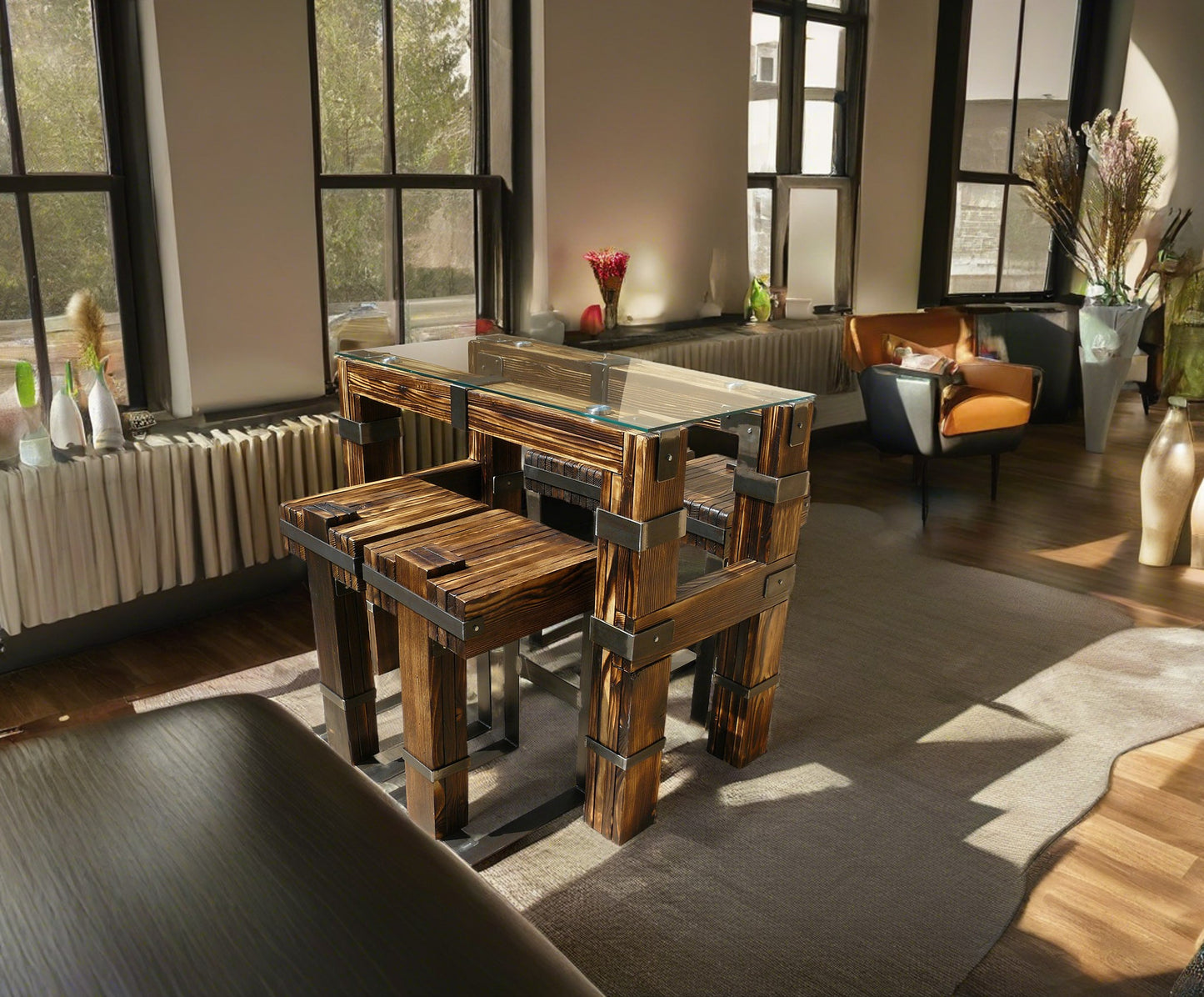 CHYRKA® Jídelní stůl obývací stůl DROHOBYCZ taburet loft vintage bar průmyslový design ruční výroba dřevo sklo kov
