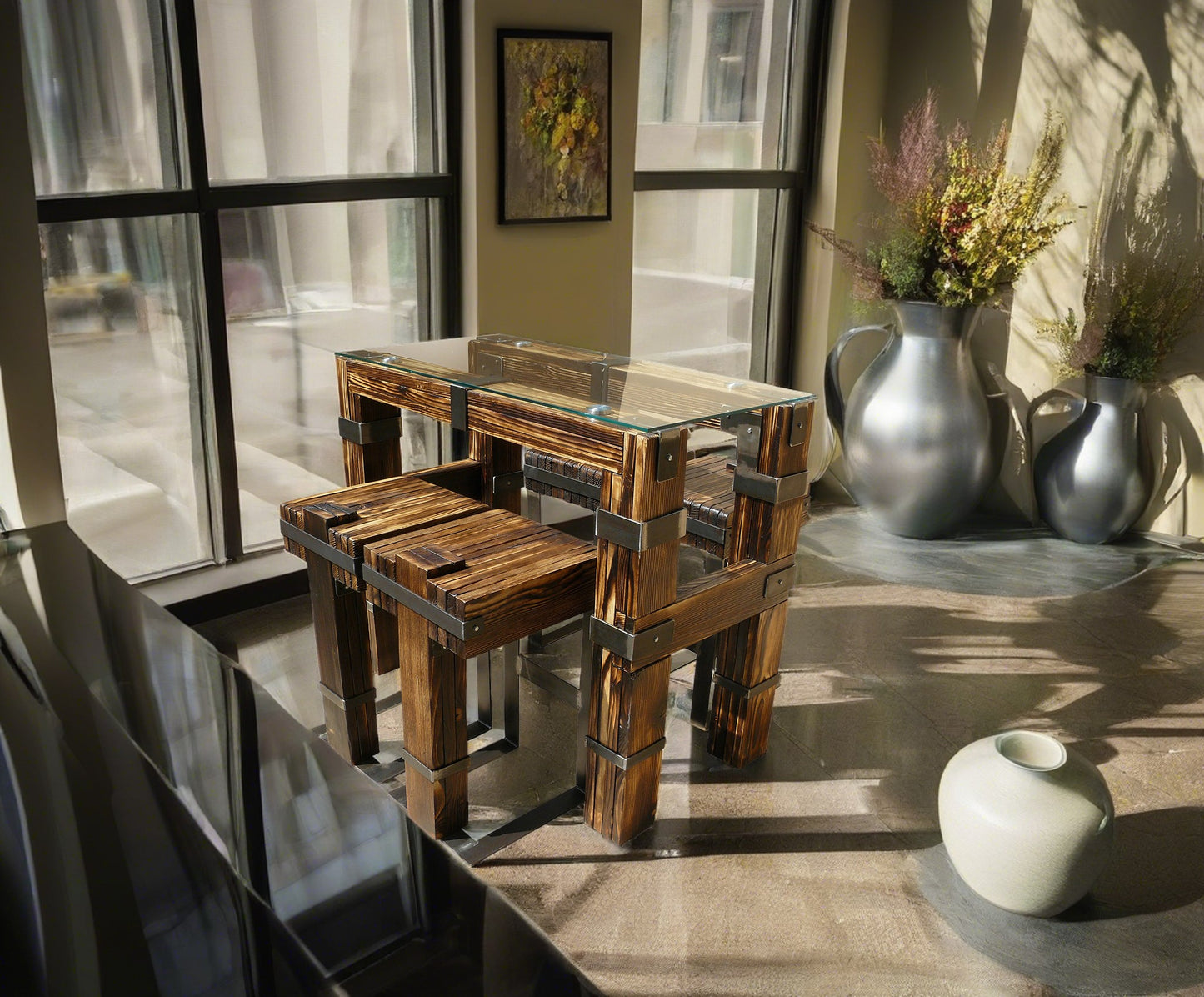 CHYRKA® Eettafel woonkamer tafel DROHOBYCZ kruk loft vintage bar industrieel design handgemaakt hout glas metaal